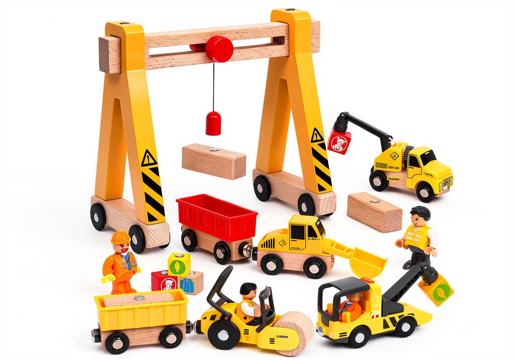 Children building a wooden train track with magnetic vehicles