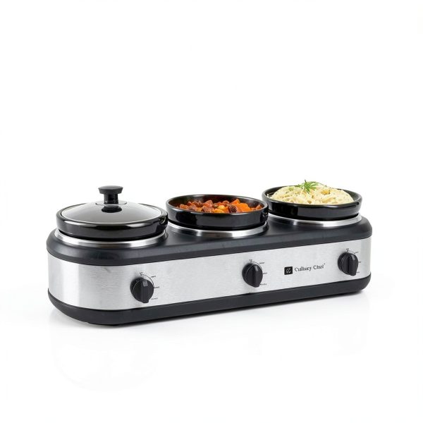 Triple Slow Cooker by CULINARY CHEF 2.5 Qt Stainless Buffet Server-9