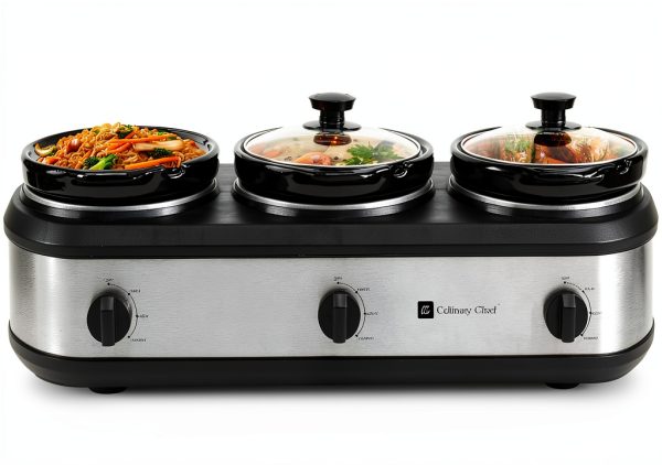 Triple Slow Cooker by CULINARY CHEF 2.5 Qt Stainless Buffet Server-3