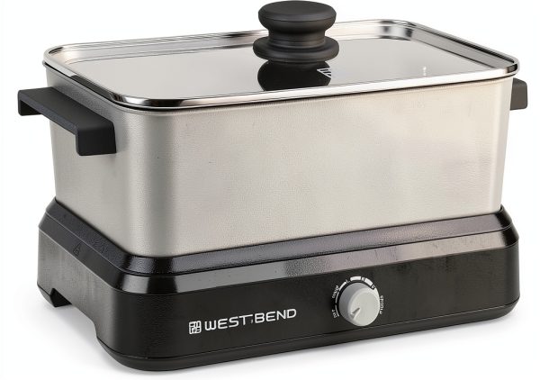 West Bend Versatility Slow Cooker 5-Quart Silver Non‑Stick Travel Set-0